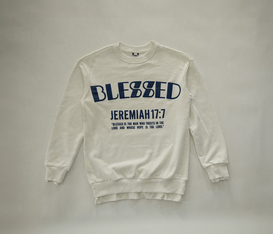 BLESSED White Navy Blue Sweater